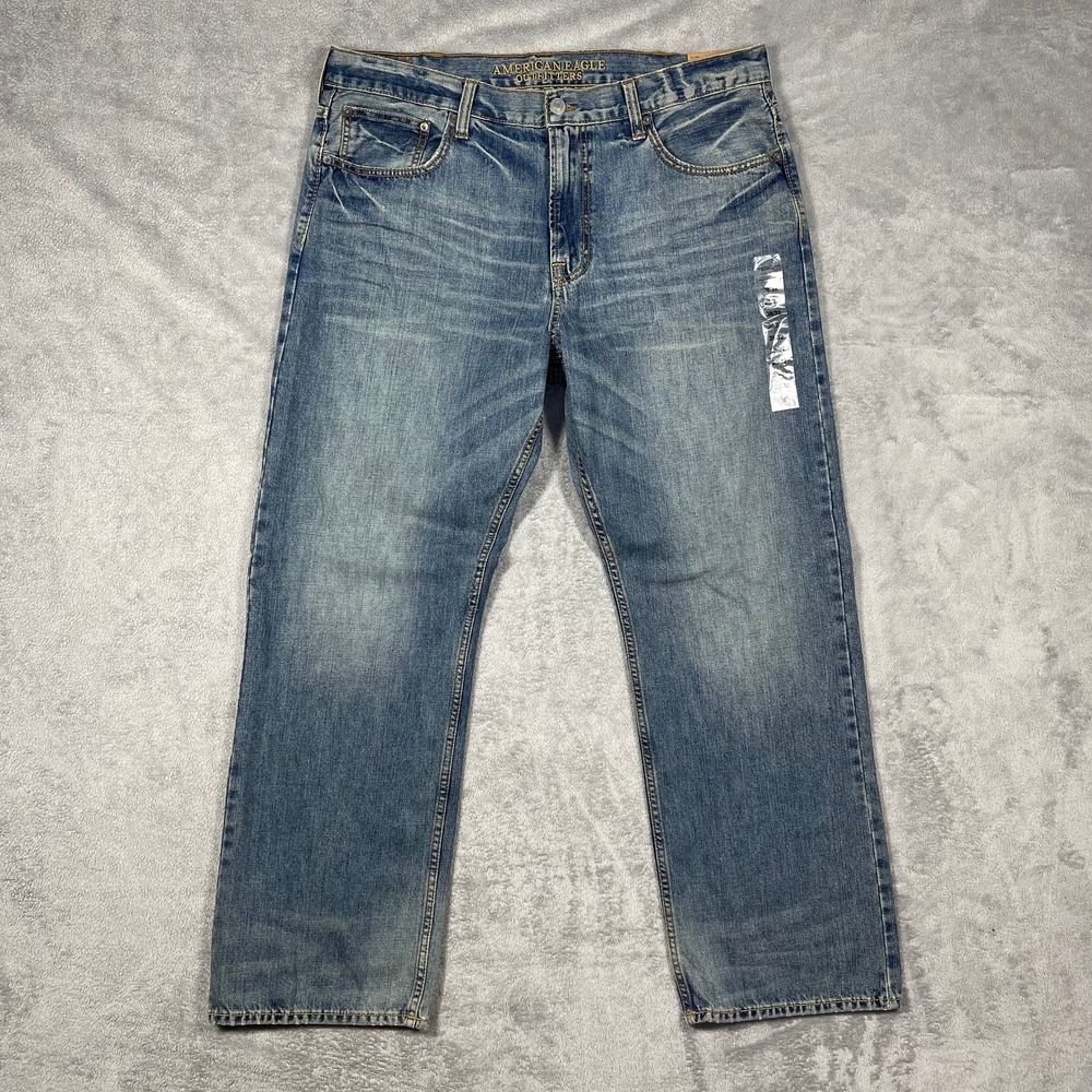 American Eagle Loose Jeans Men 38x32 Blue Medium Wash‎ Whiskered Denim NEW